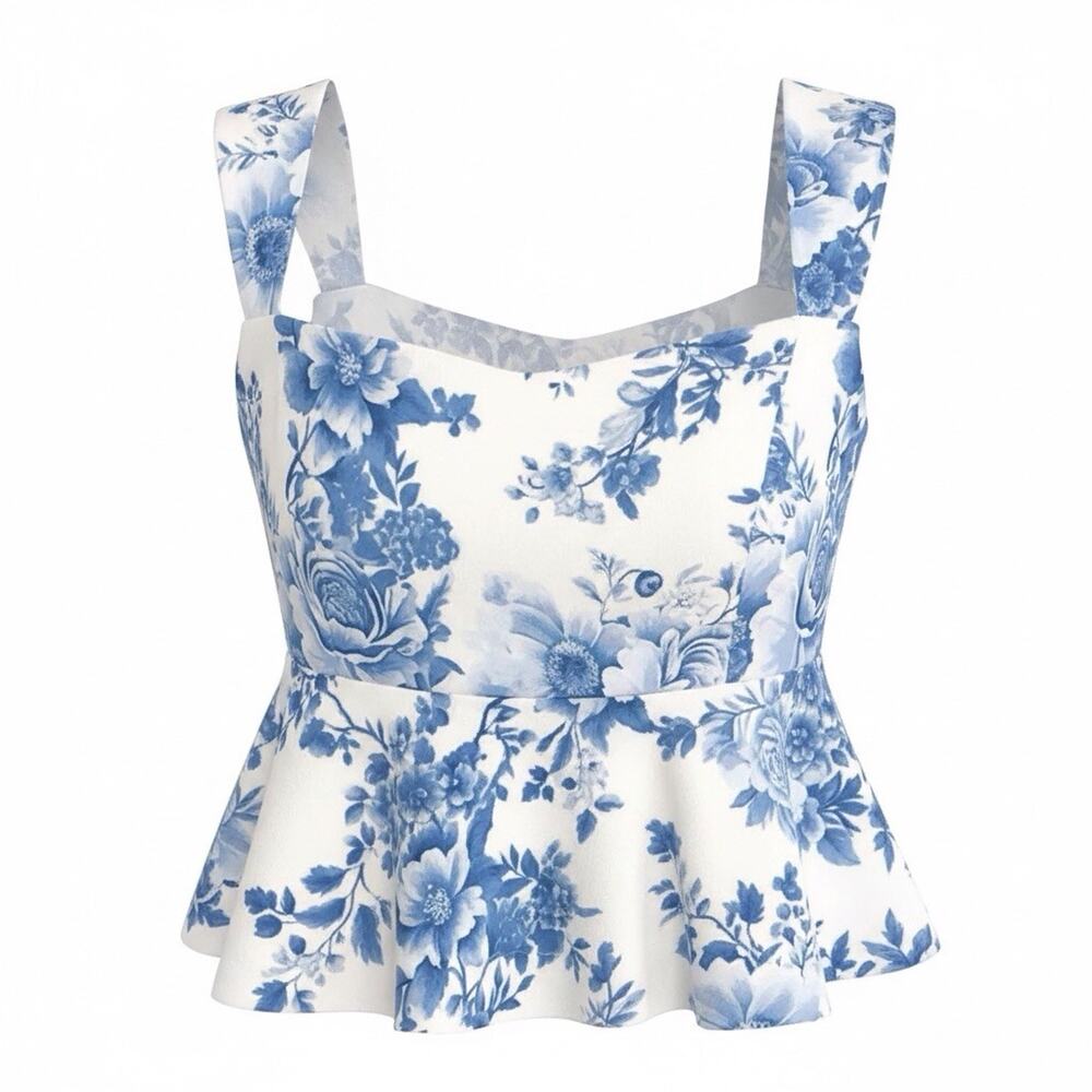 MAEVE Square Neck Peplum Top XS White Blue Floral Romantic Cottagecore Retro NWT - Picture 9 of 10